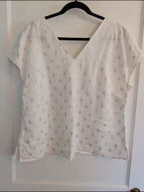 Boden White V-Neck Linen Blouse with Gold Leaf Print